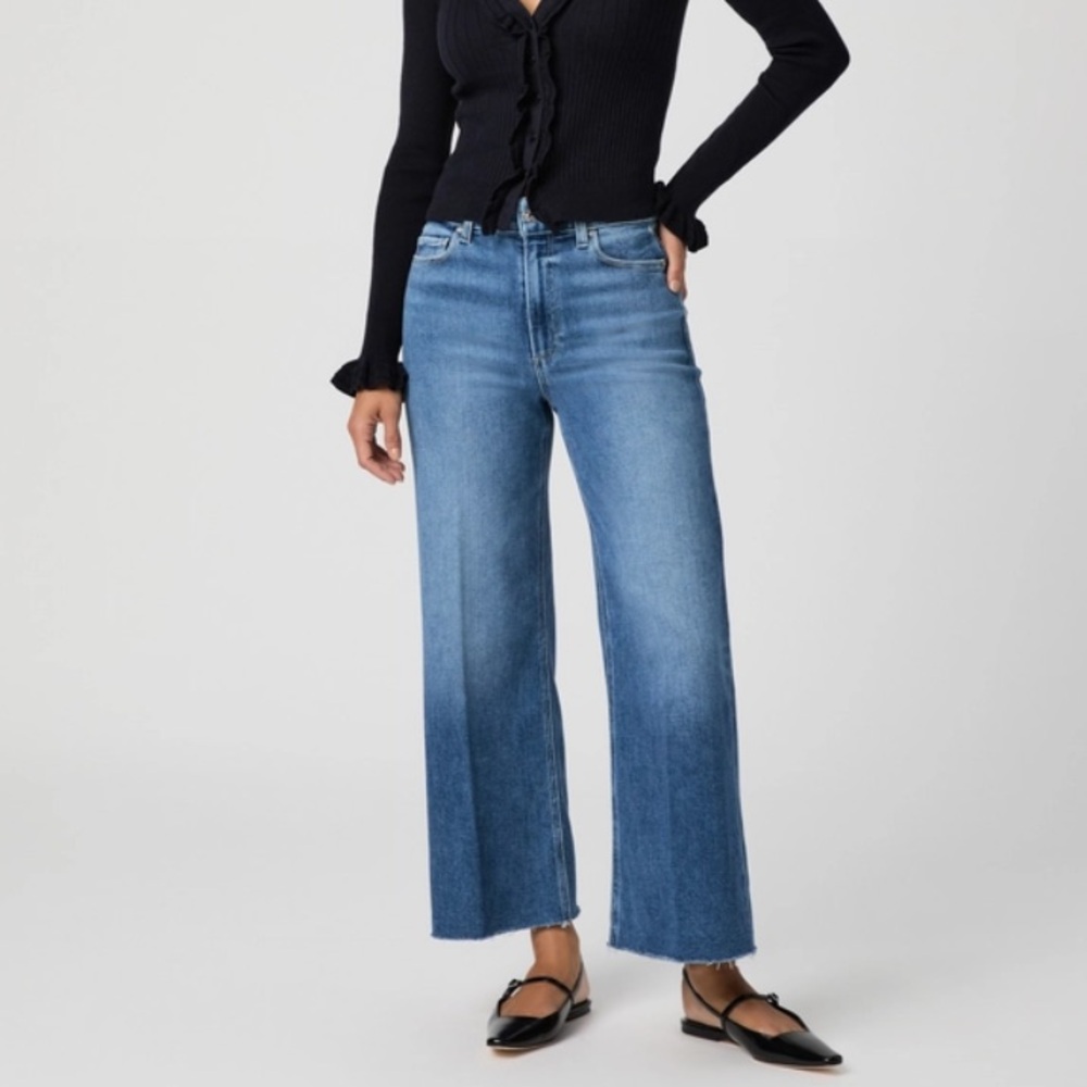 Paige Anessa High Rise Cropped Wide Leg Raw Hem Jeans